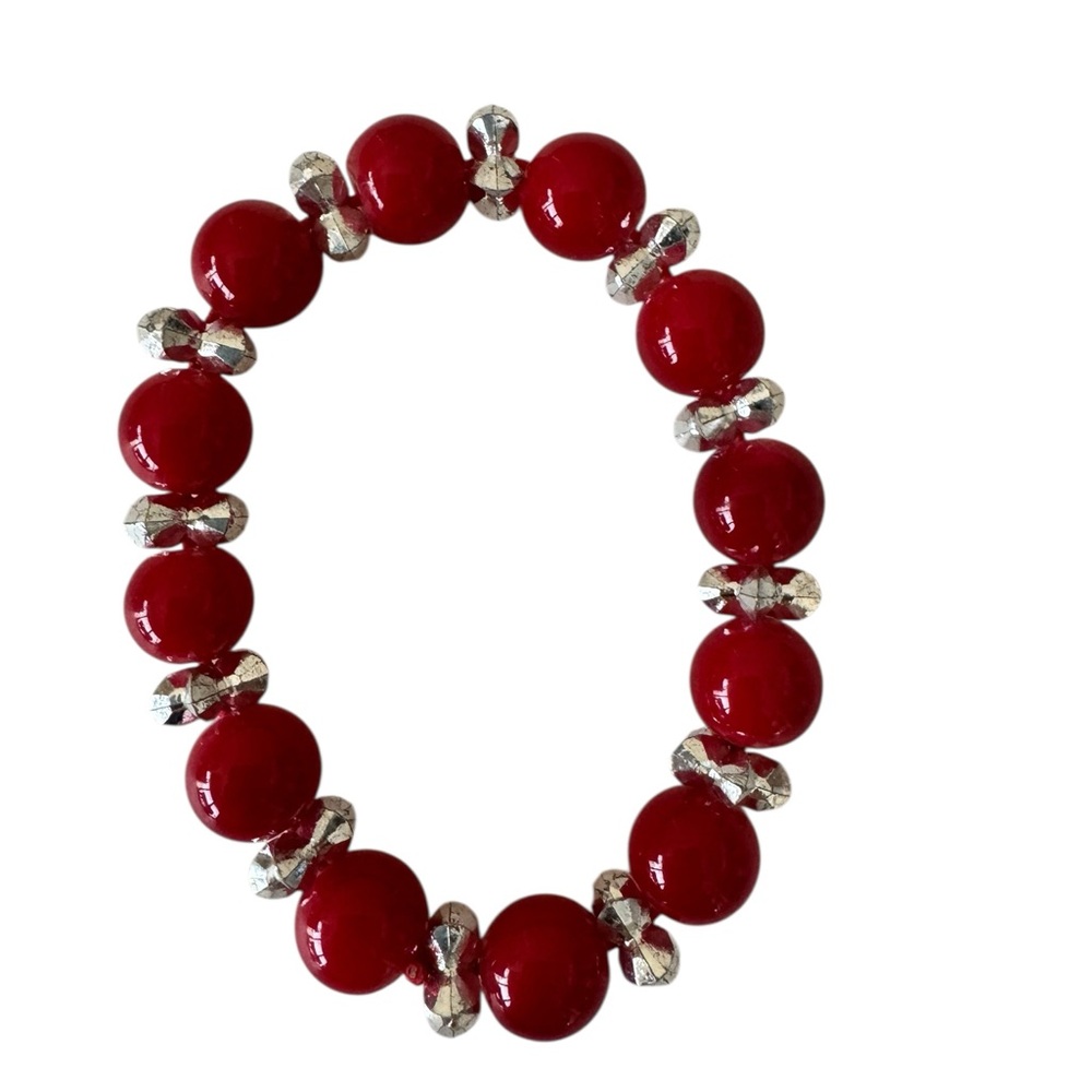 Red and Silver Tone Beaded Bracelet Boho Y2K vacation